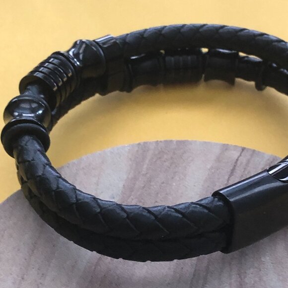 Mens Bracelet Double Row Black Braided Leather Black Stainless Steel Closure Sz - Picture 6 of 10